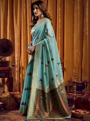 Teal woven design khadi sarees with unstiched blouse 2