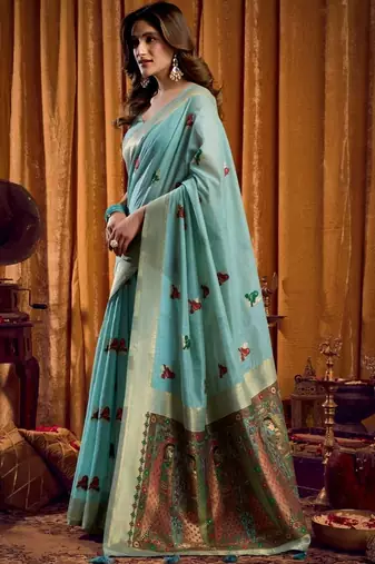 Teal woven design khadi sarees with unstiched blouse