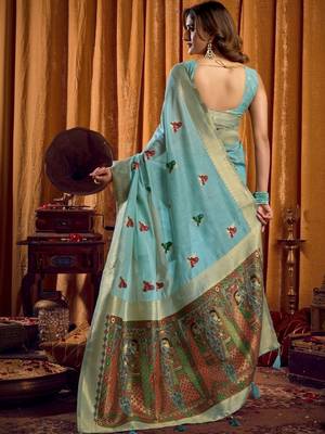 Teal woven design khadi sarees with unstiched blouse 3