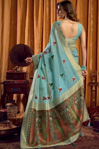 Teal woven design khadi sarees with unstiched blouse