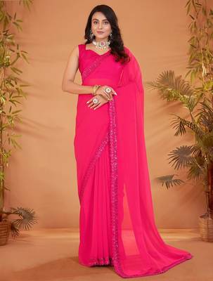 Pink embellished sequinned georgette saree 1