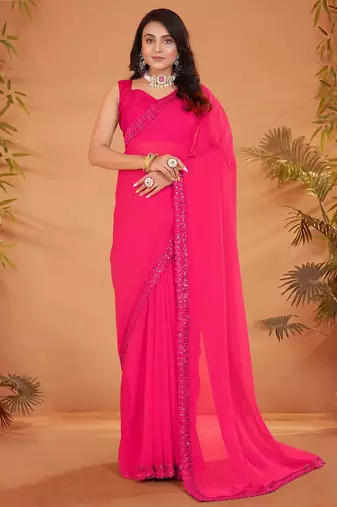Pink embellished sequinned georgette saree