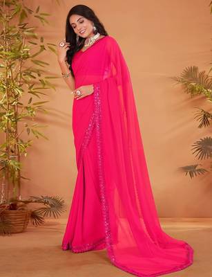 Pink embellished sequinned georgette saree 2