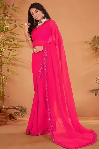 Pink embellished sequinned georgette saree