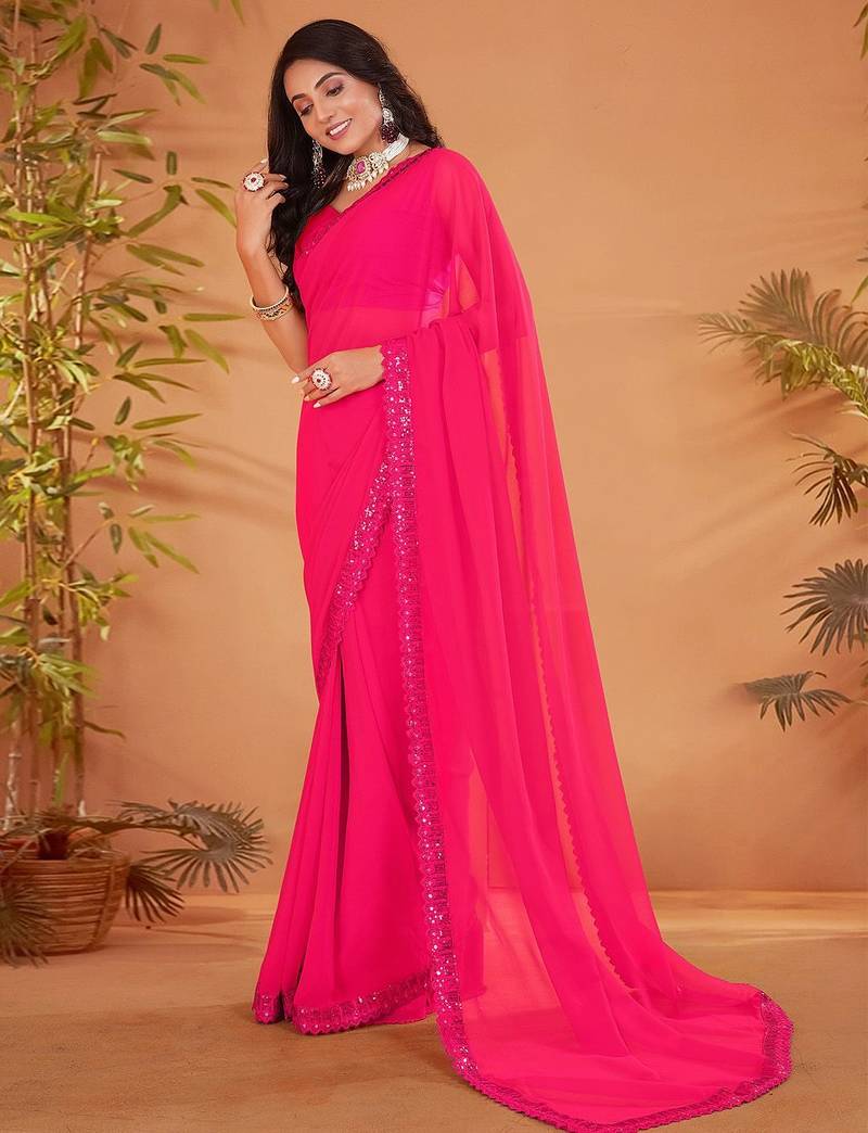 Pink embellished sequinned georgette saree