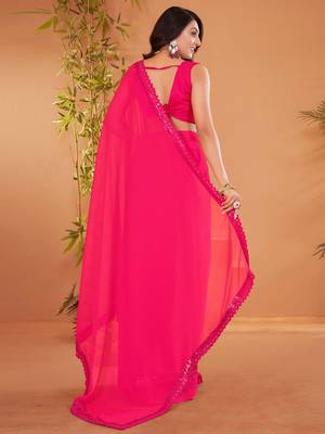 Pink embellished sequinned georgette saree 3