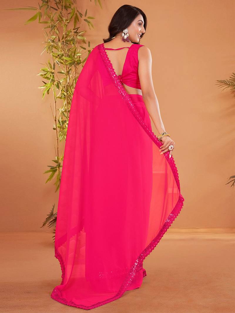 Pink embellished sequinned georgette saree
