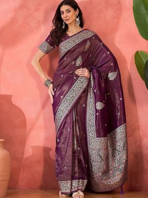 Lavender ethnic motifs woven design zari banarasi saree 1