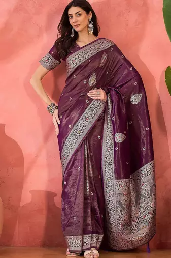 Lavender ethnic motifs woven design zari banarasi saree