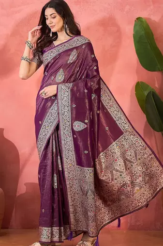 Lavender ethnic motifs woven design zari banarasi saree