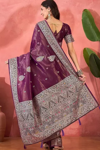 Lavender ethnic motifs woven design zari banarasi saree
