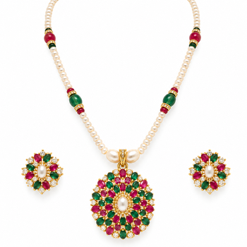 Certified Pearls Ruby Emerald Bloom Pendant Set 1