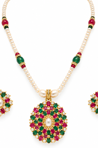 Certified Pearls Ruby Emerald Bloom Pendant Set