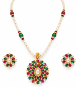 Certified Pearls Ruby Emerald Bloom Pendant Set