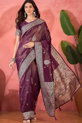 Lavender ethnic motifs woven design zari banarasi saree