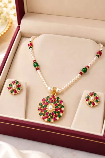 Certified Pearls Ruby Emerald Bloom Pendant Set