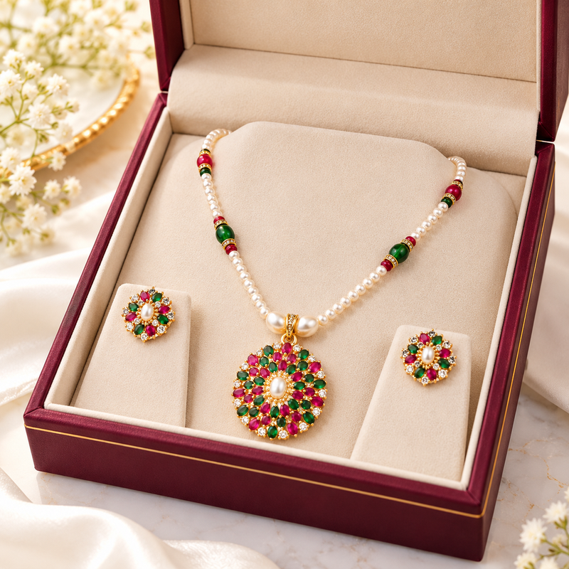 Certified Pearls Ruby Emerald Bloom Pendant Set