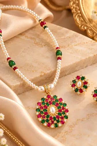 Certified Pearls Ruby Emerald Bloom Pendant Set