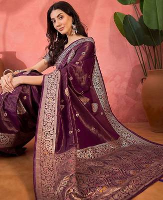 Lavender ethnic motifs woven design zari banarasi saree 5