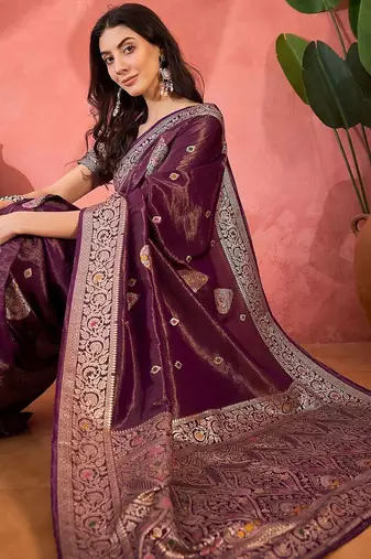 Lavender ethnic motifs woven design zari banarasi saree