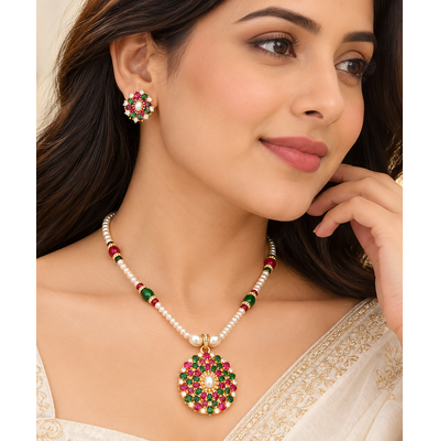 Certified Pearls Ruby Emerald Bloom Pendant Set 4