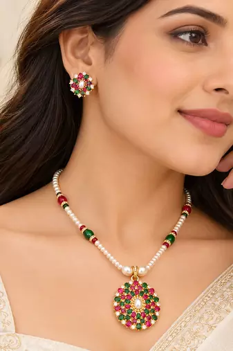 Certified Pearls Ruby Emerald Bloom Pendant Set
