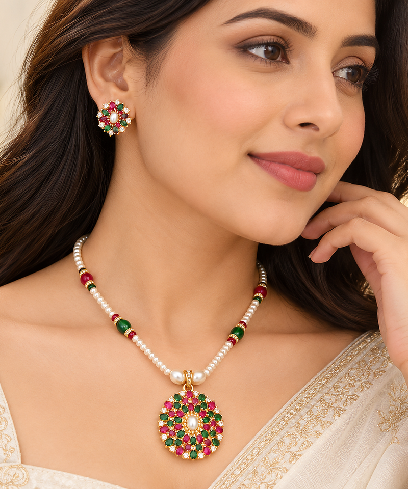 Certified Pearls Ruby Emerald Bloom Pendant Set