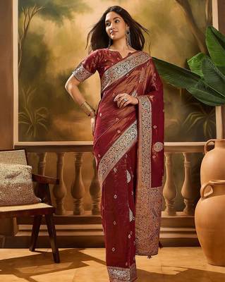 Maroon woven design banarasi saree with blouse piece 1