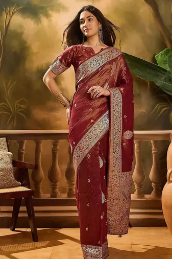 Maroon woven design banarasi saree with blouse piece