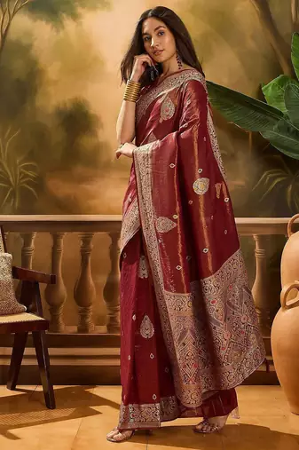 Maroon woven design banarasi saree with blouse piece