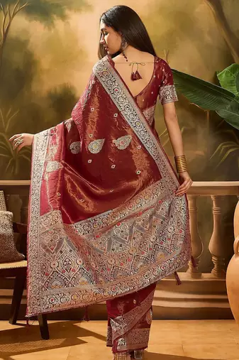Maroon woven design banarasi saree with blouse piece