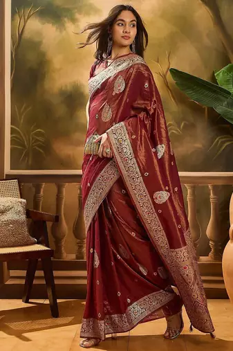 Maroon woven design banarasi saree with blouse piece