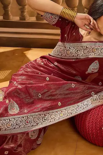 Maroon woven design banarasi saree with blouse piece