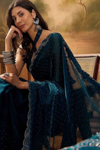 Teal embellished saree withblousepiece