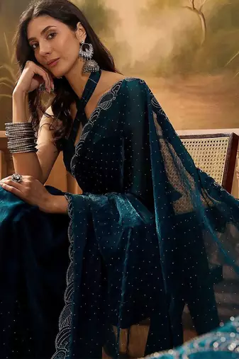 Teal embellished saree withblousepiece
