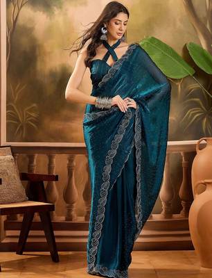Teal embellished saree withblousepiece 2