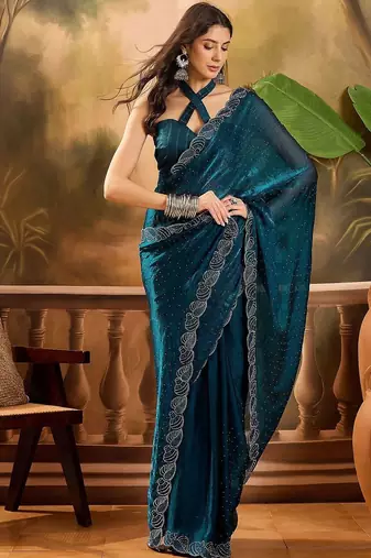 Teal embellished saree withblousepiece