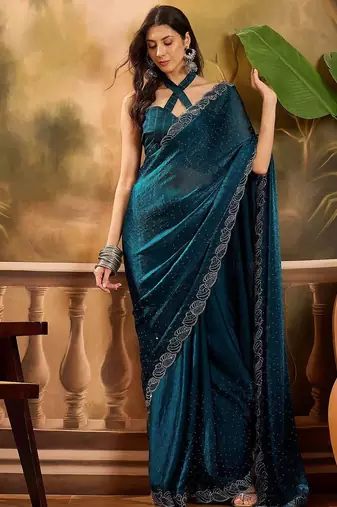Teal embellished saree withblousepiece