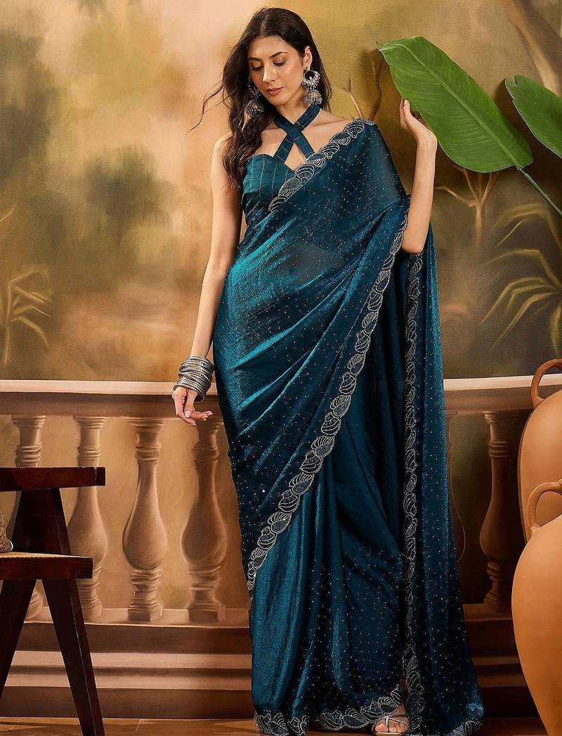 Teal embellished saree withblousepiece