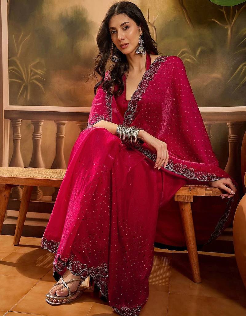 Magenta embellished saree with unstitched blouse