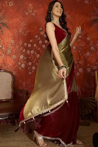 Gold sequinned tissue designer saree