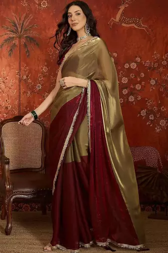 Gold sequinned tissue designer saree