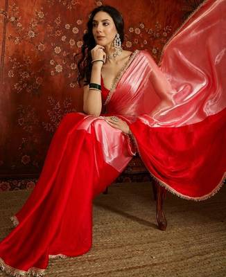 Red women ombre sequinned tissue designer saree 1