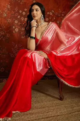 Red women ombre sequinned tissue designer saree