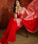 Red women ombre sequinned tissue designer saree