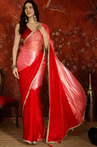 Red women ombre sequinned tissue designer saree