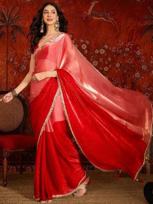 Red women ombre sequinned tissue designer saree 3
