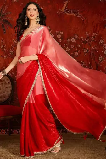 Red women ombre sequinned tissue designer saree