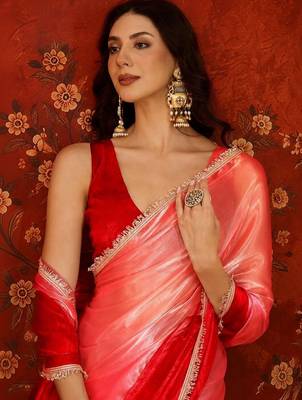 Red women ombre sequinned tissue designer saree 4