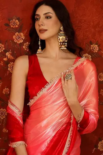 Red women ombre sequinned tissue designer saree